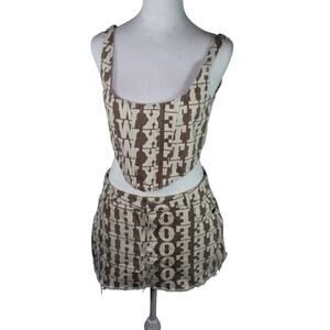 White Fox Denim Skirt and Bustier Set All Over Spellout Western Corset Top M